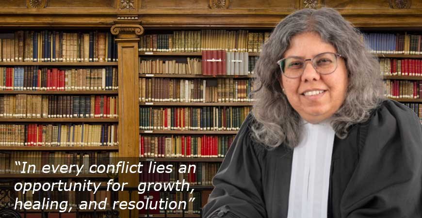 Archana Medhekar, Certified Family Law Specialist, in her barrister’s robe, beside the quote: In every conflict lies an opportunity for growth, healing, and resolution